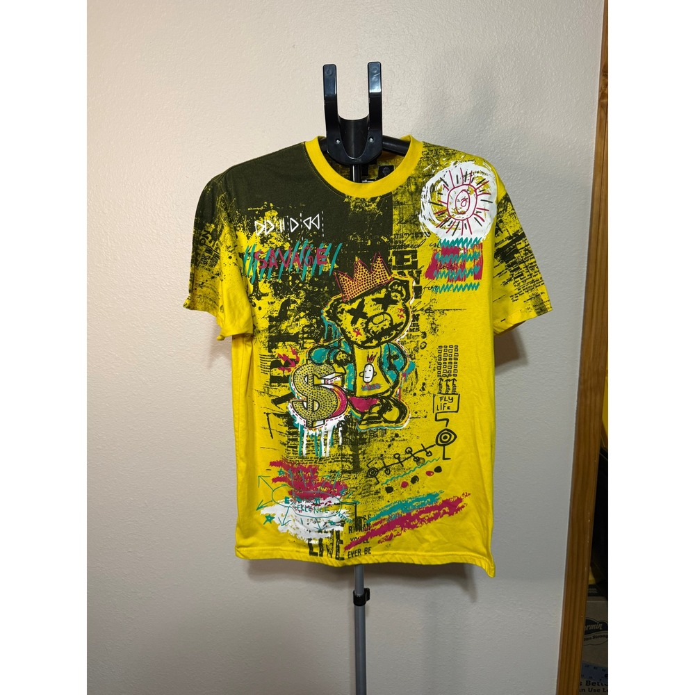 One Color Nation Mens XL Yellow Graffiti Bear Savage Black Excellence T-Shirt